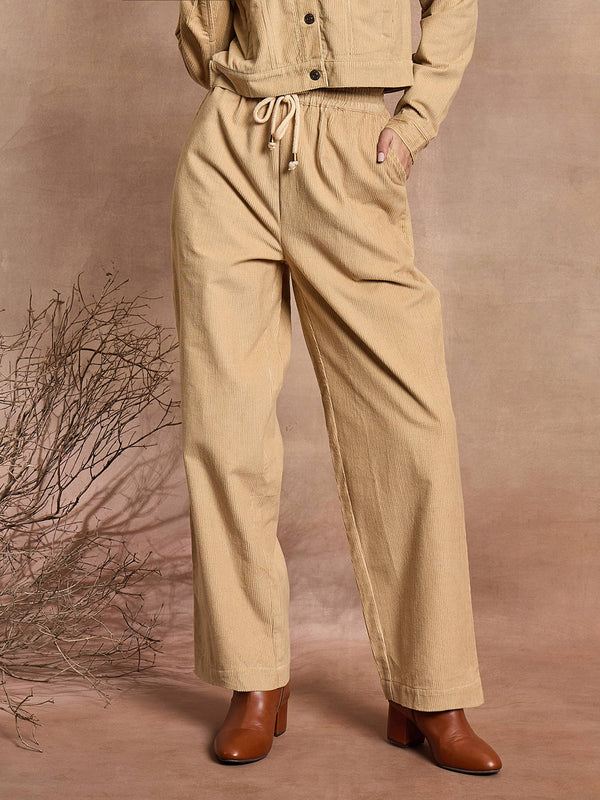 Women Beige Corduroy Straight Pants | WOMENSFASHIONFUN