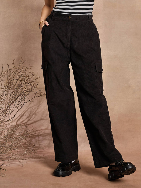 Women Black Corduroy Straight fit Cargo Pants | WOMENSFASHIONFUN