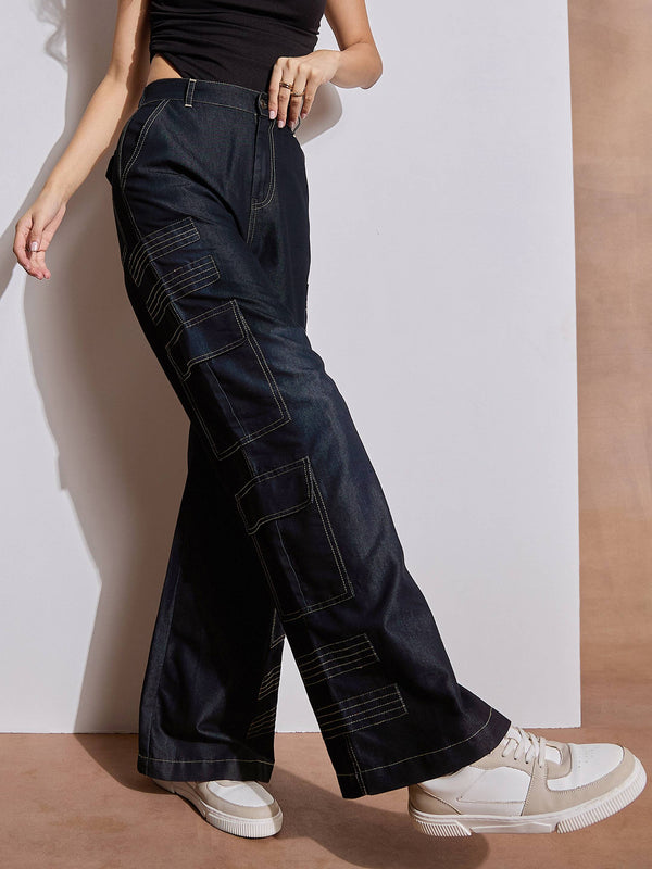 Women Black Tencel Contrast Stitch Cargo Pants | WOMENSFASHIONFUN