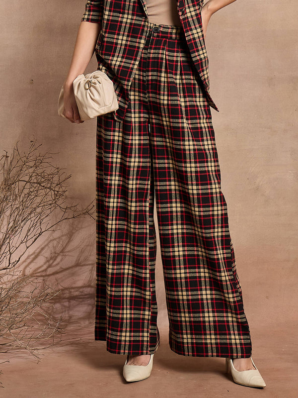 Women Black & Beige Check High Rise Wide Leg Pants | WOMENSFASHIONFUN