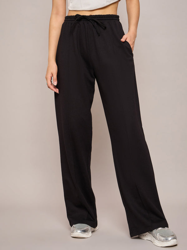 Women Black Terry Side Pockets Track Pants | WOMENSFASHIONFUN