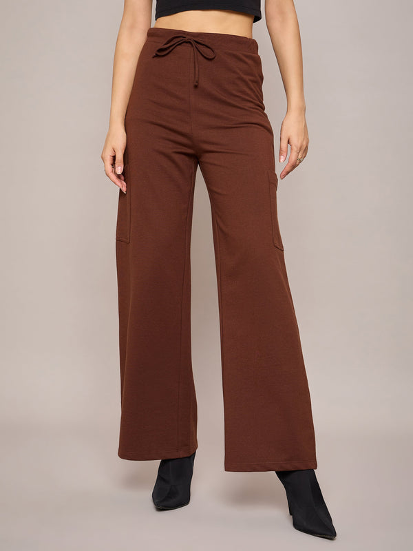 Women Brown Terry Wide Leg Track Pants | WOMENSFASHIONFUN