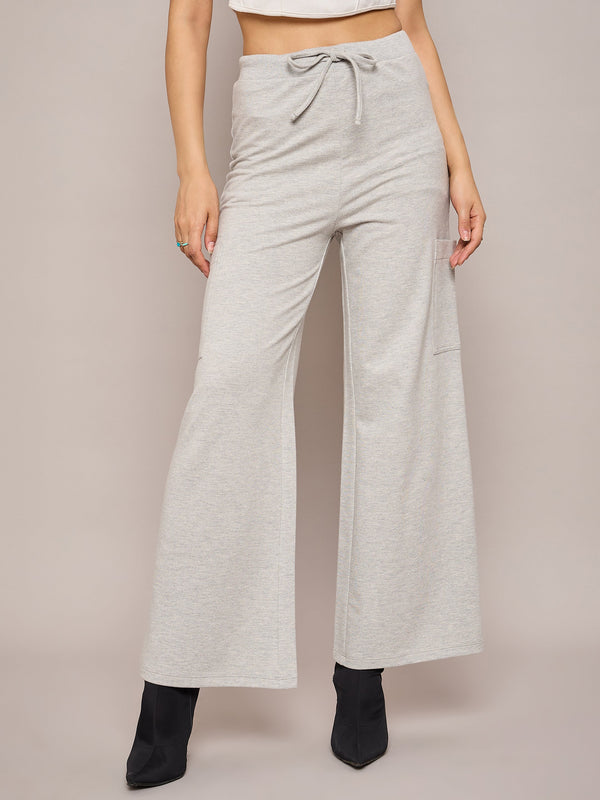 Women Grey Melange Terry Wide Leg Track Pants | WOMENSFASHIONFUN