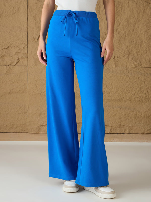 Women Royal Blue Terry Wide Leg Track Pants | WOMENSFASHIONFUN