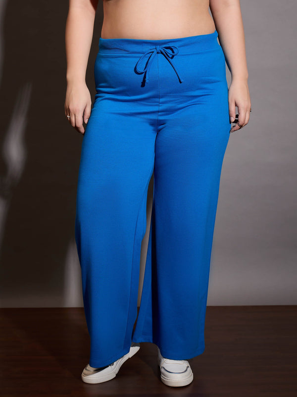 Women Royal Blue Terry Drawstring Track Pants | WOMENSFASHIONFUN