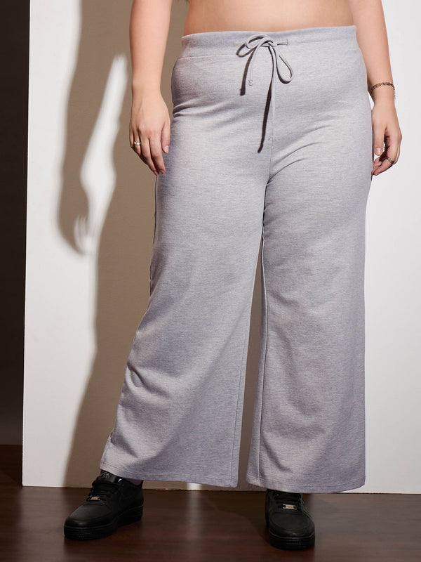 Women Grey Melange Terry Drawstring Track Pants | WOMENSFASHIONFUN