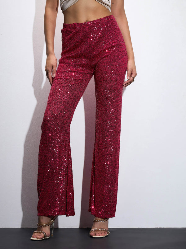 Women Fuchsia Sequin Bell Bottom Pants | WOMENSFASHIONFUN