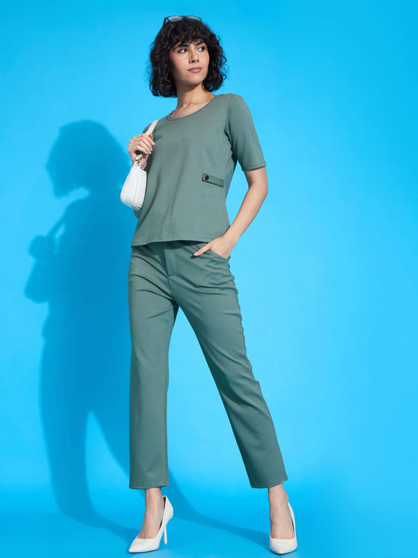 Women Women Green Half Sleeves Top With Tapered Pants | WomensFashionFun