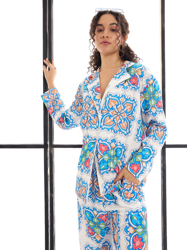 Women Blue & White Floral Lounge Shirt With Pants | WOMENSFASHIONFUN