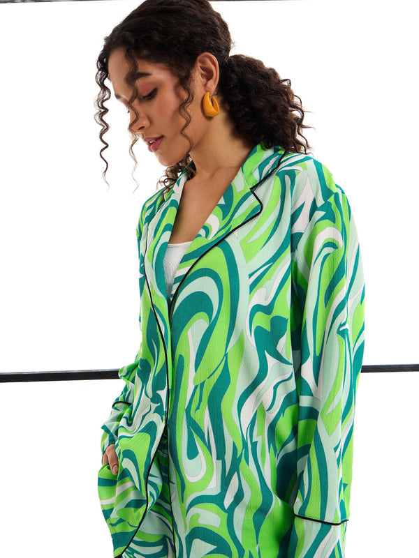 Women Green Abstract Print Lounge Shirt With Pants | WOMENSFASHIONFUN