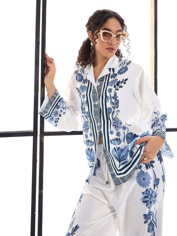 Women White & Blue Floral Lounge Shirt With Pants | WOMENSFASHIONFUN