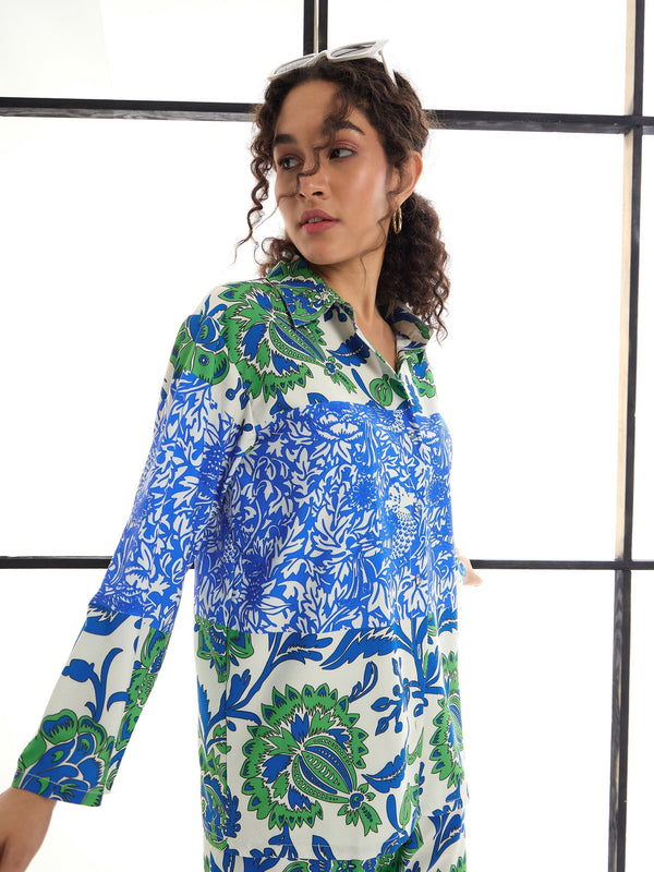 Women Green & Blue Floral Lounge Shirt With Pants | WOMENSFASHIONFUN