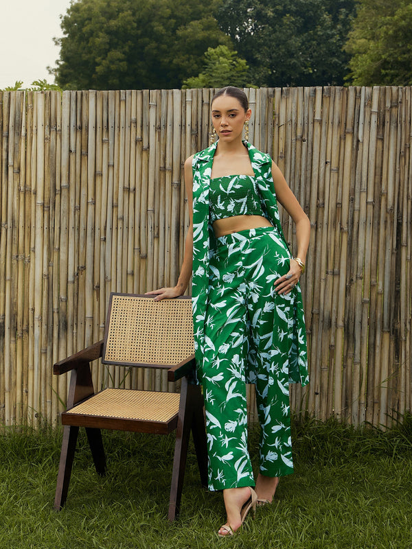 Women Green & White Floral Bustier, Pant & Shrug | WOMENSFASHIONFUN