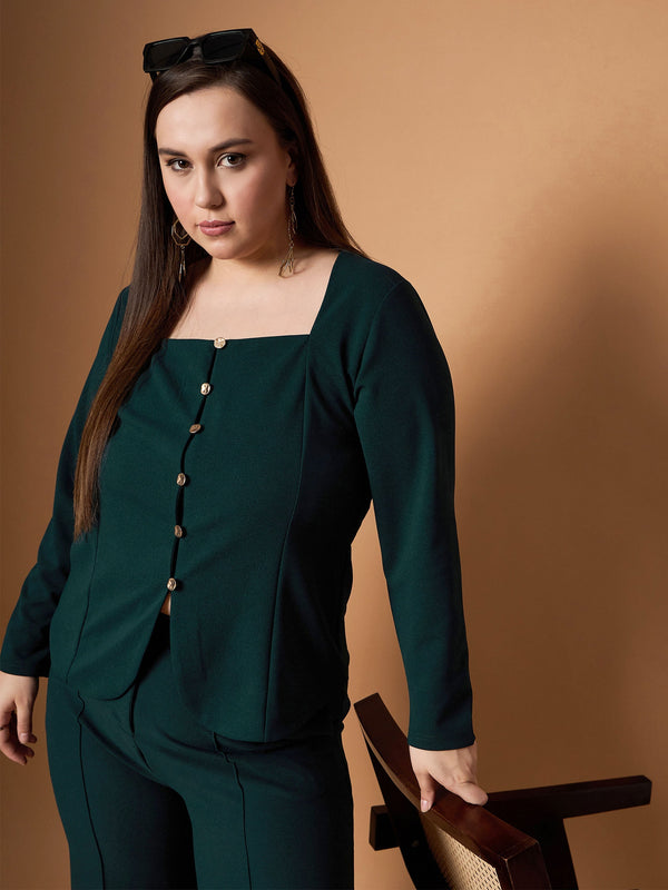 Women Emerald Green Front Button Top With Straight Pants | WOMENSFASHIONFUN