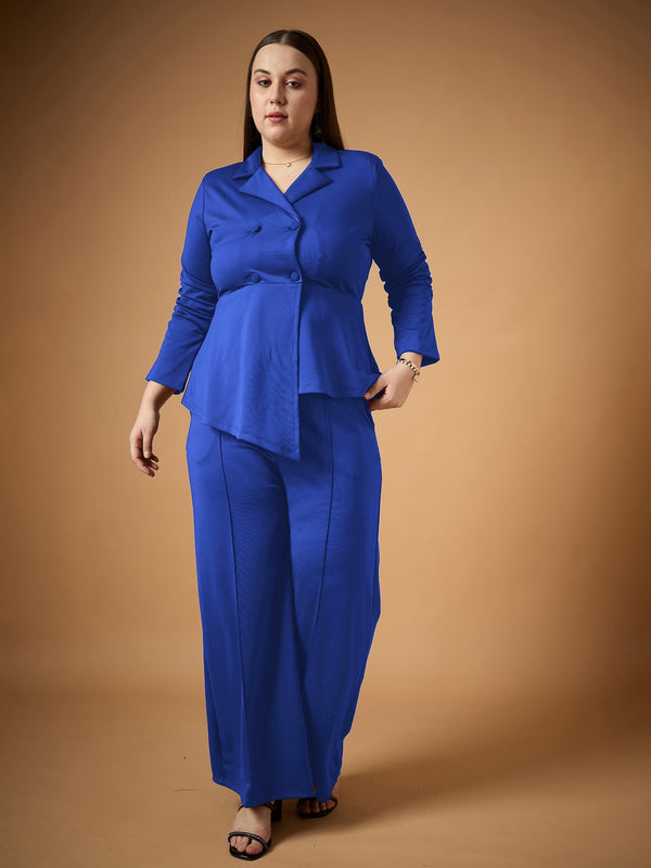 Women Royal Blue Ruched Blazer With Straight Pants | WOMENSFASHIONFUN