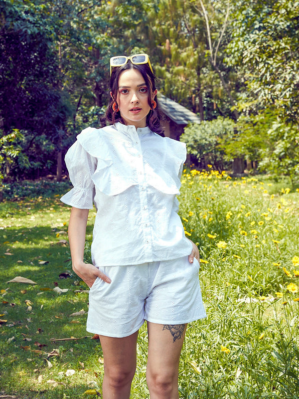 Women White Schiffli Puff Sleeves Shirt With Paperwaist Shorts | WomensFashionFun.com