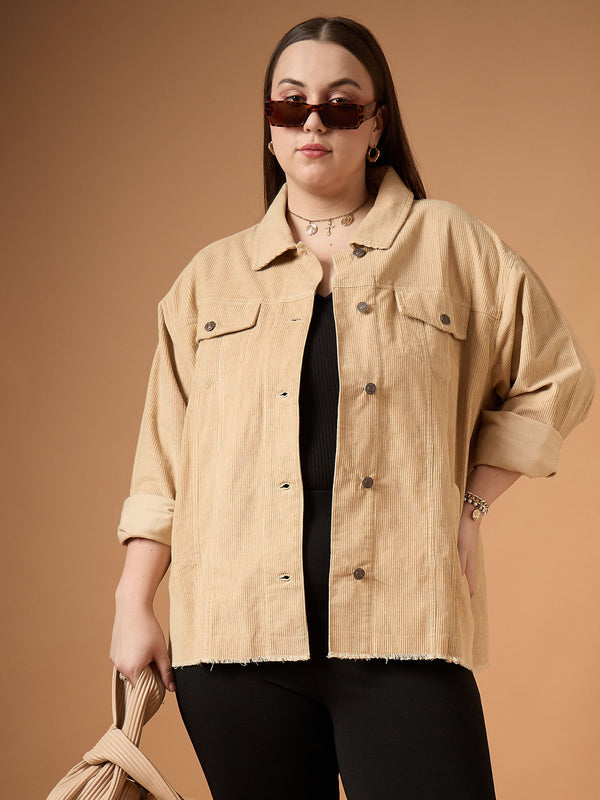 Women Beige Corduroy Front Button Shacket | WOMENSFASHIONFUN