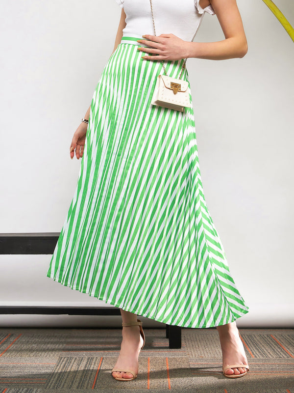 Women Green & White Satin Striped Accordion Pleated Maxi Skirt | WomensFashionFun.com