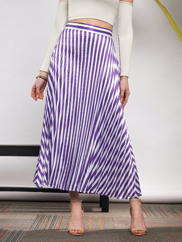 Women Purple & White Satin Striped Accordion Pleated Maxi Skirt | WomensFashionFun.com