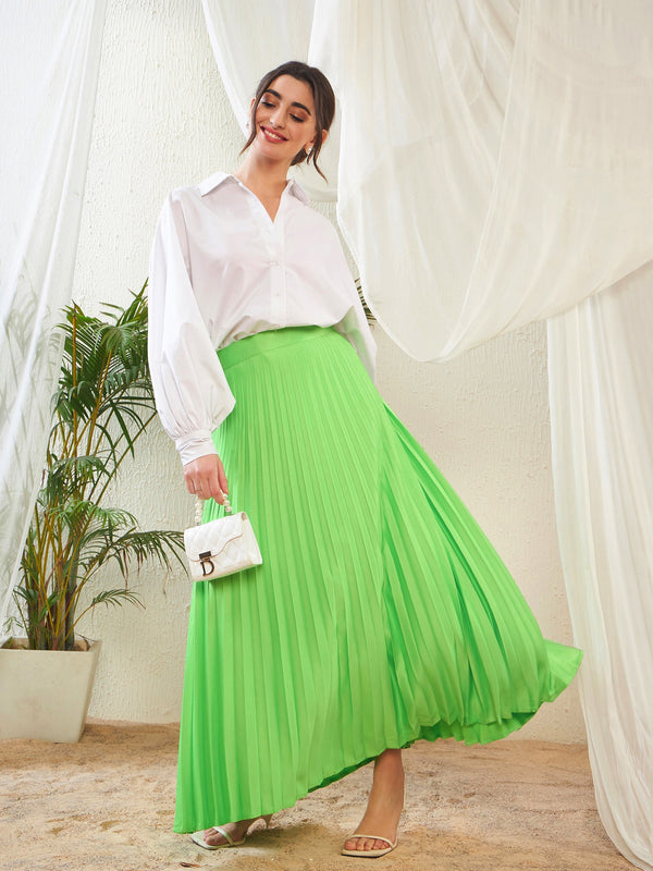 Women Green Satin Accordion Pleated Maxi Skirt | WomensFashionFun.com