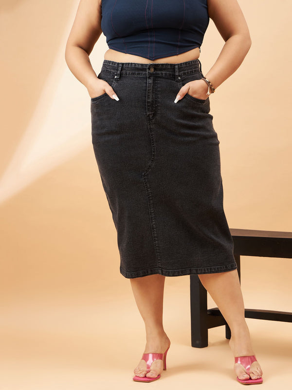 Women Black Denim Acid Wash A-Line Skirt | WomensFashionFun.com