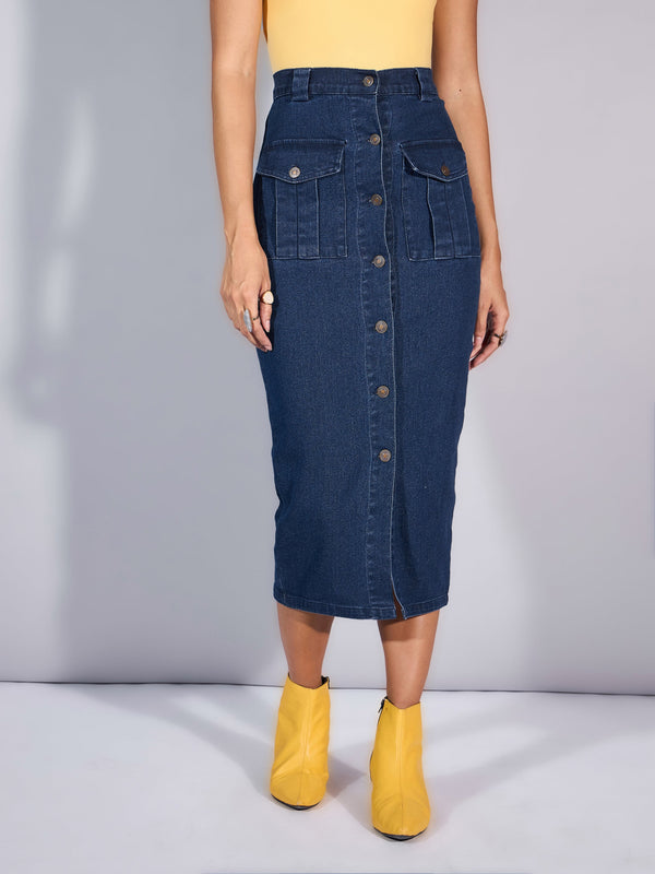 Women Blue Blast Denim Front Button Midi Skirt | WOMENSFASHIONFUN