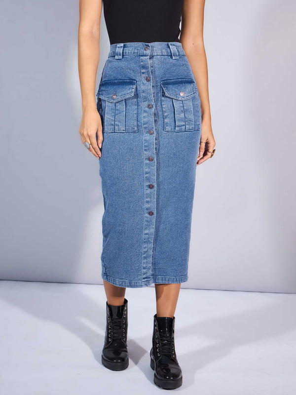 Women Blue Washed Denim Front Button Midi Skirt | WOMENSFASHIONFUN