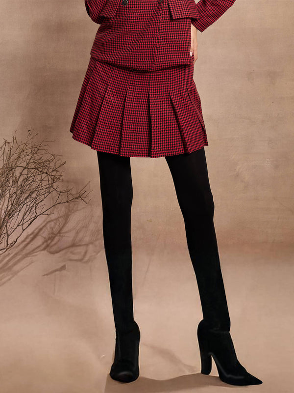 Women Red Houndstooth Check Pleated Mini Skirt | WOMENSFASHIONFUN