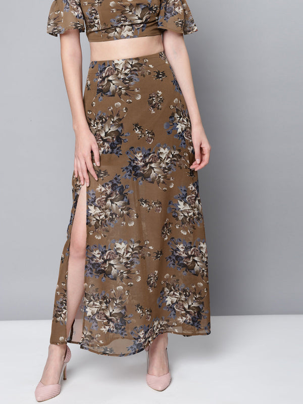 Brown Floral Maxi Skirt | WOMENSFASHIONFUN