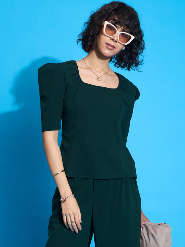 Women Women Emerald Square Neck Puff Sleeve Top | WomensFashionFun