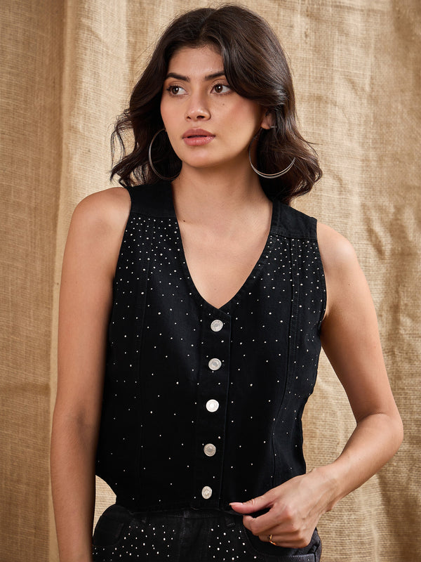 Women Black Denim Studded Waistcoat Top | WOMENSFASHIONFUN