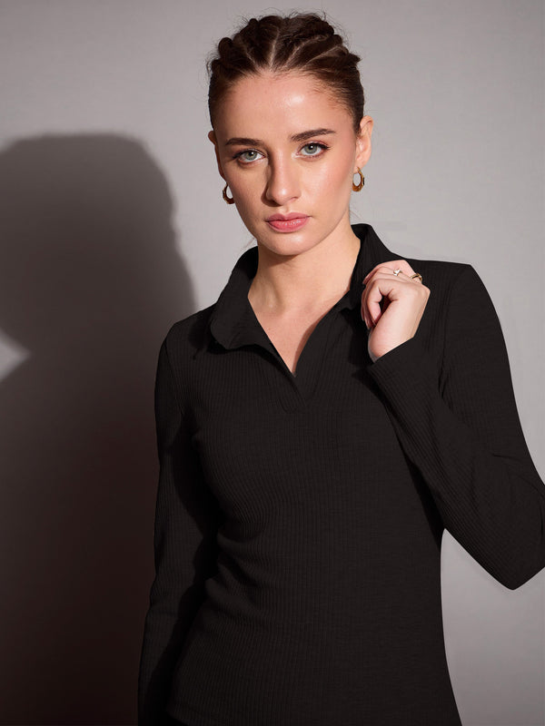 Women Black Rib Polo Neck Top | WOMENSFASHIONFUN