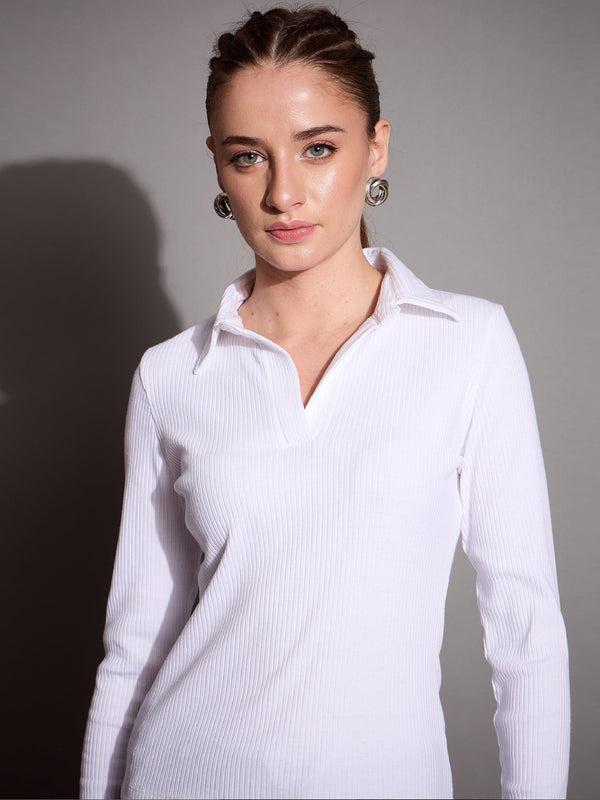 Women White Rib Polo Neck Top | WOMENSFASHIONFUN