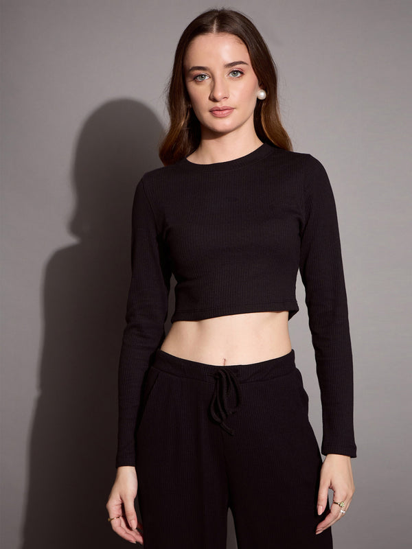 Women Black Rib Full Sleeve Crop Top | WOMENSFASHIONFUN