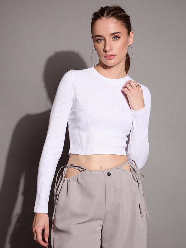 Women White Rib Full Sleeve Crop Top | WOMENSFASHIONFUN