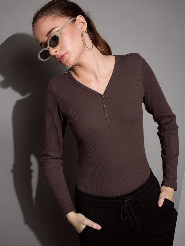 Women Brown Rib V-Neck Full Sleeves Top | WOMENSFASHIONFUN