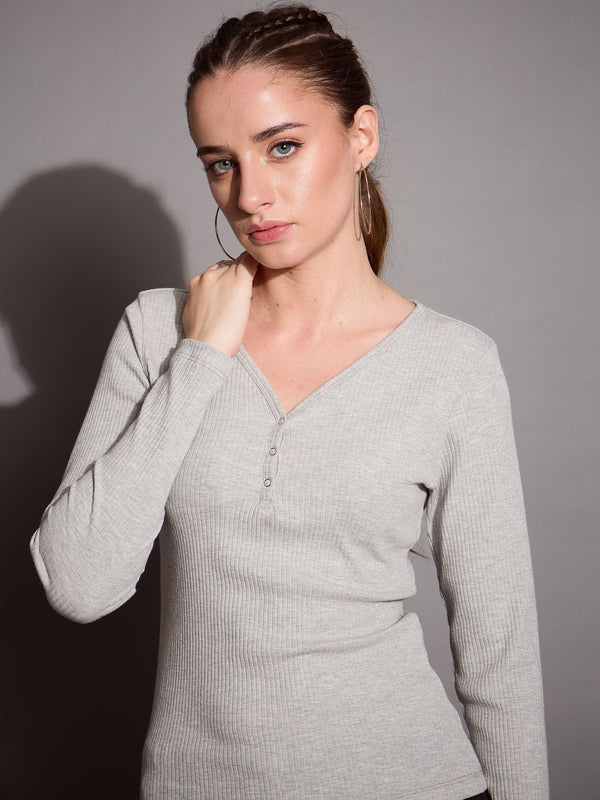 Women Grey Melange Rib V-Neck Full Sleeves Top | WOMENSFASHIONFUN