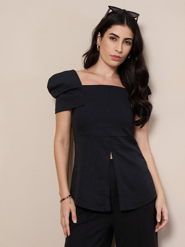 Women Black Square Neck Peplum Top | WOMENSFASHIONFUN