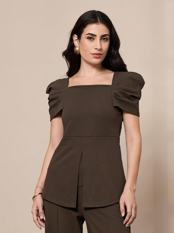 Women Brown Square Neck Peplum Top | WOMENSFASHIONFUN