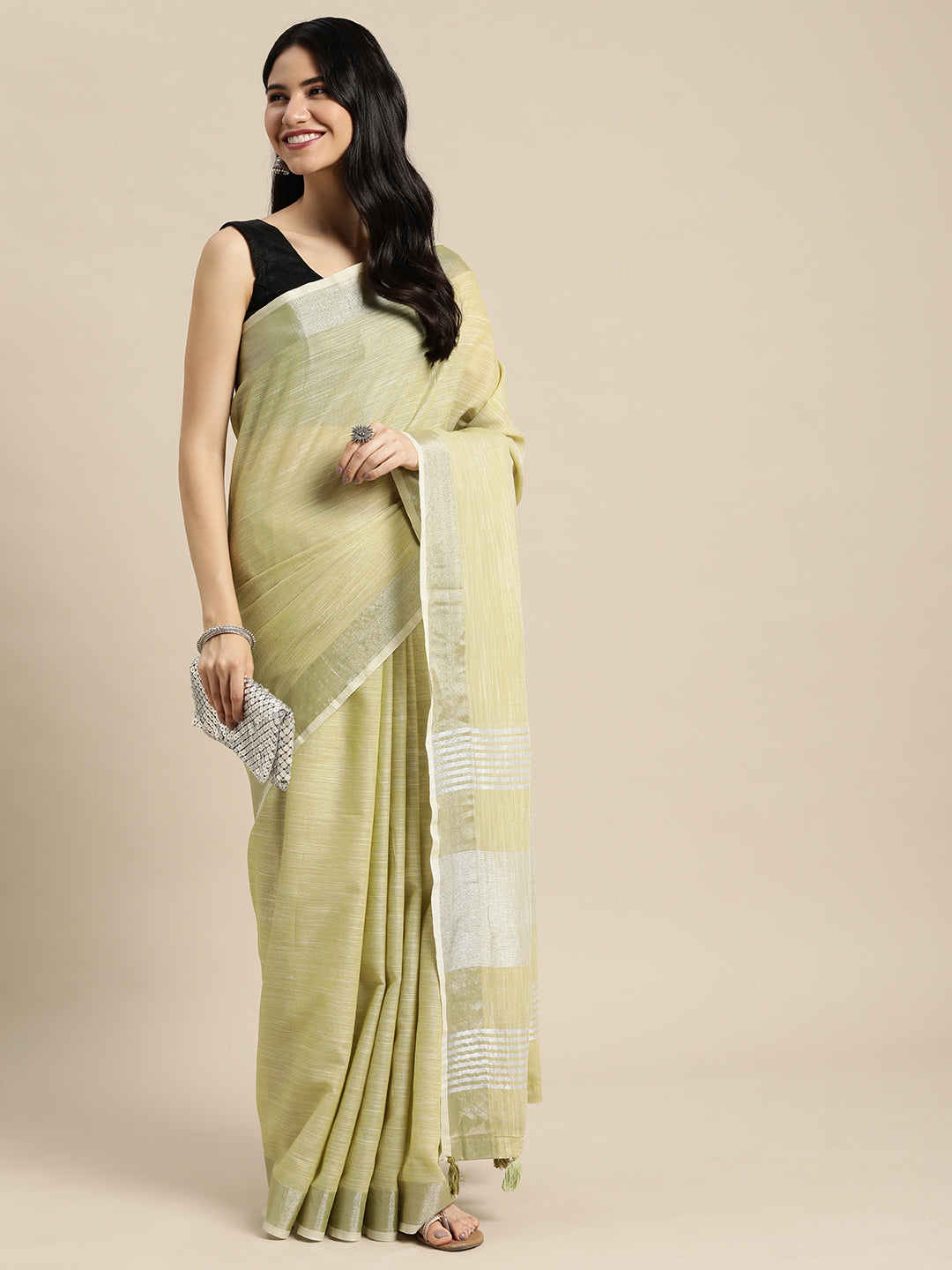 Women Rama Green Linen Woven Work Traditional Tassle Saree