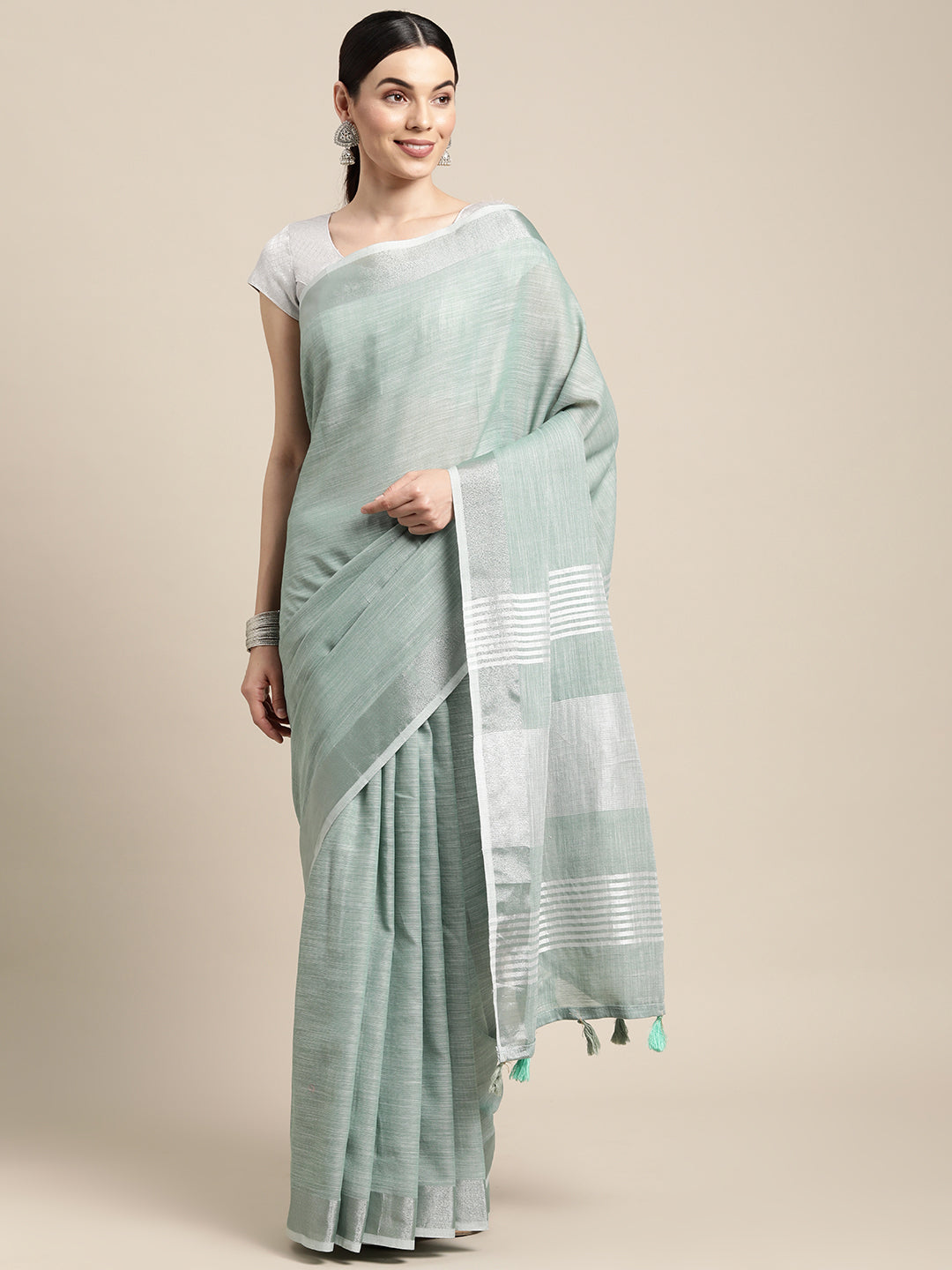 Women Sea Green Linen Woven Work Traditional Tassle Saree