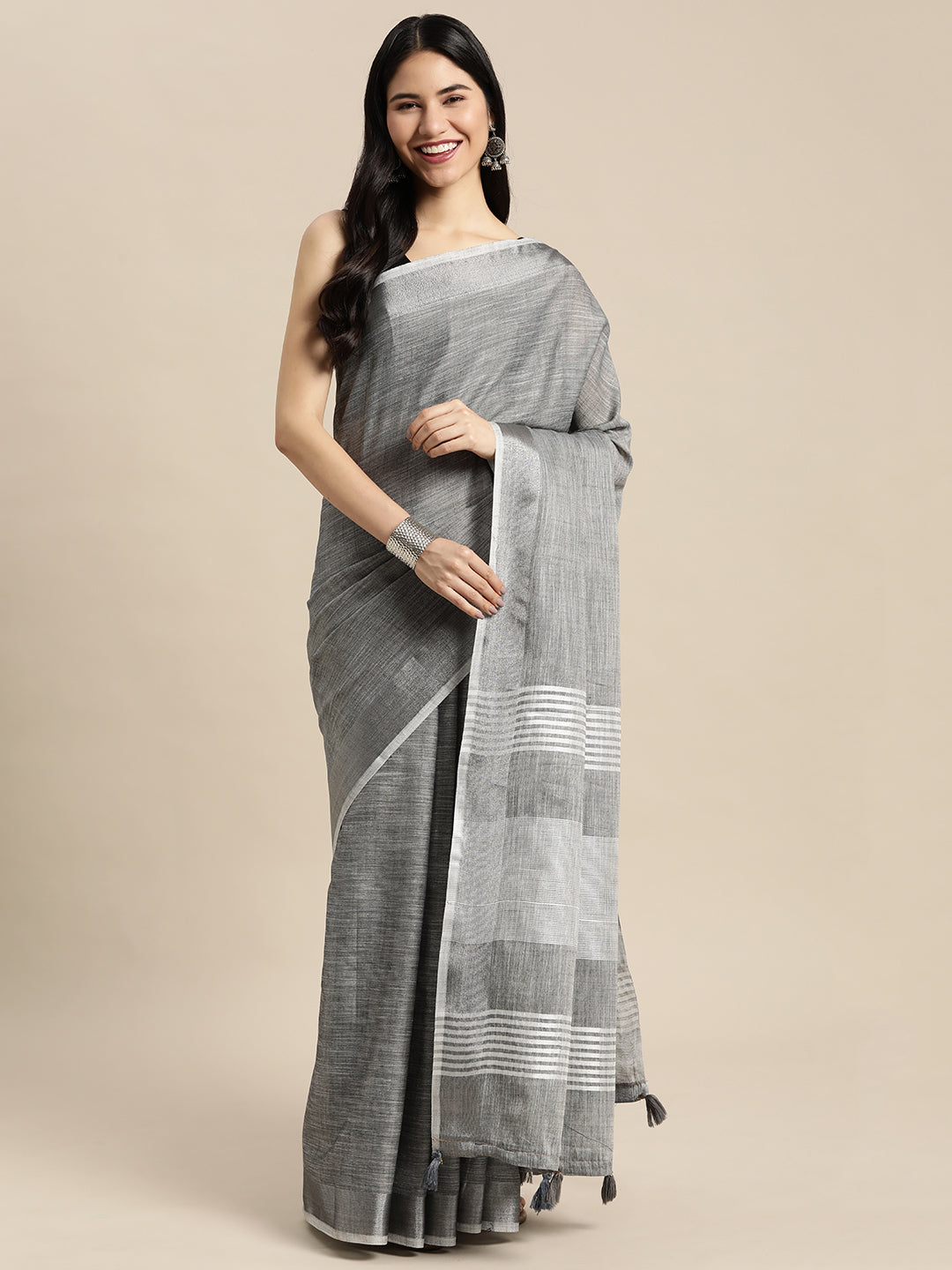 Women Dark Grey Linen Woven Work Traditional Tassle Saree