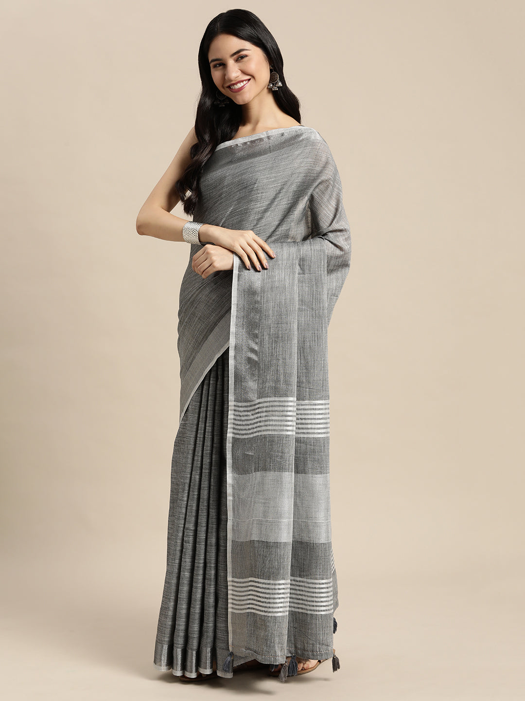 Women Dark Grey Linen Woven Work Traditional Tassle Saree