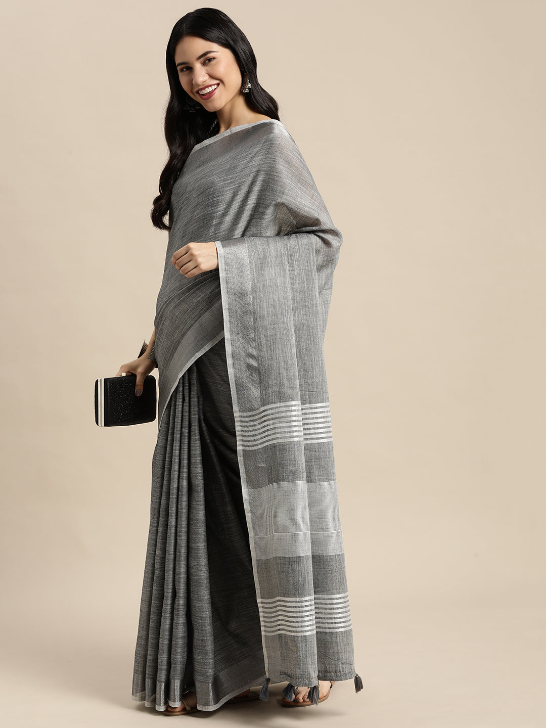 Women Dark Grey Linen Woven Work Traditional Tassle Saree