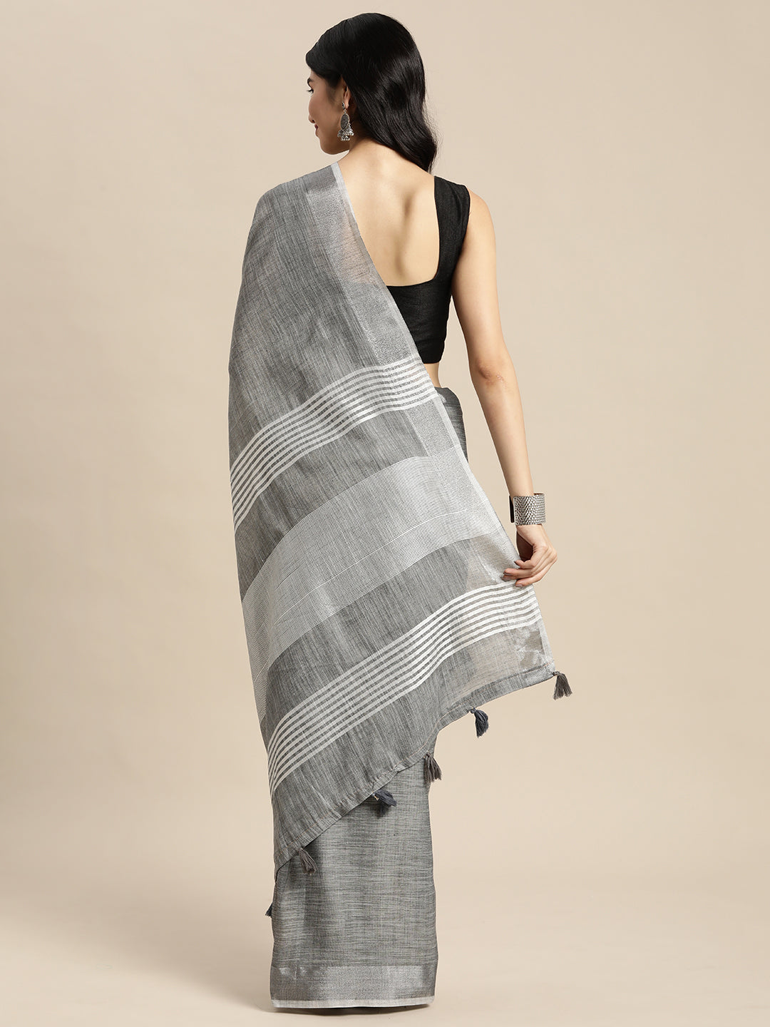 Women Dark Grey Linen Woven Work Traditional Tassle Saree