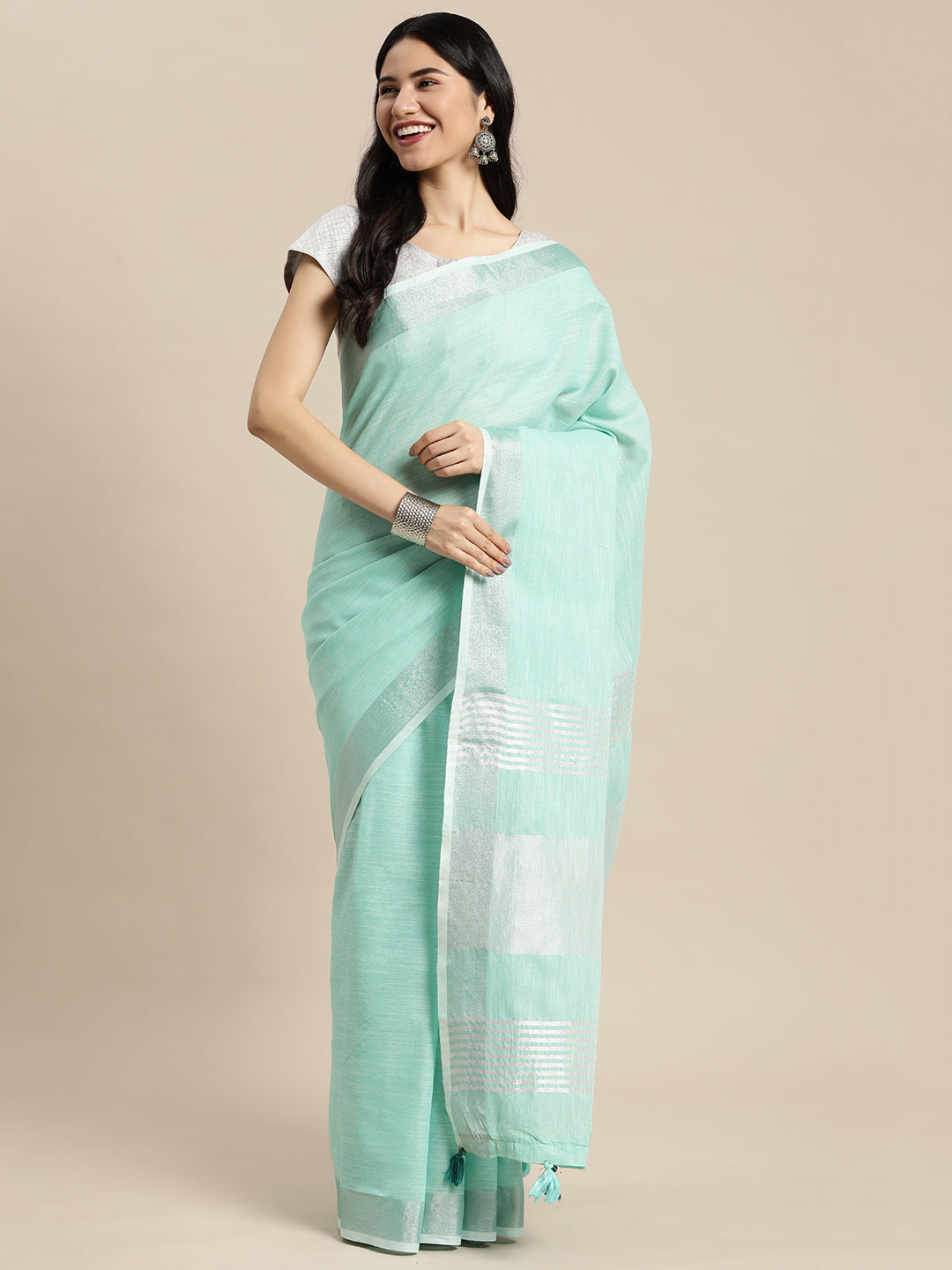 Women Turquoise Linen Woven Work Traditional Tassle Saree