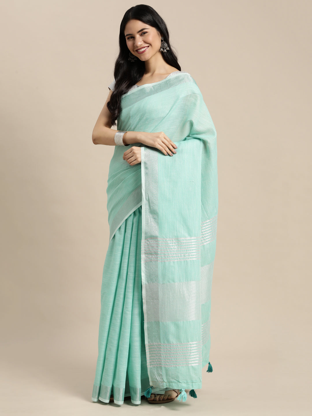 Women Turquoise Linen Woven Work Traditional Tassle Saree