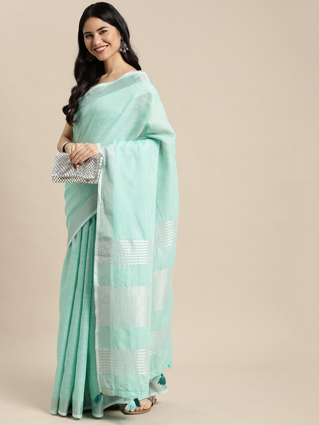 Women Turquoise Linen Woven Work Traditional Tassle Saree