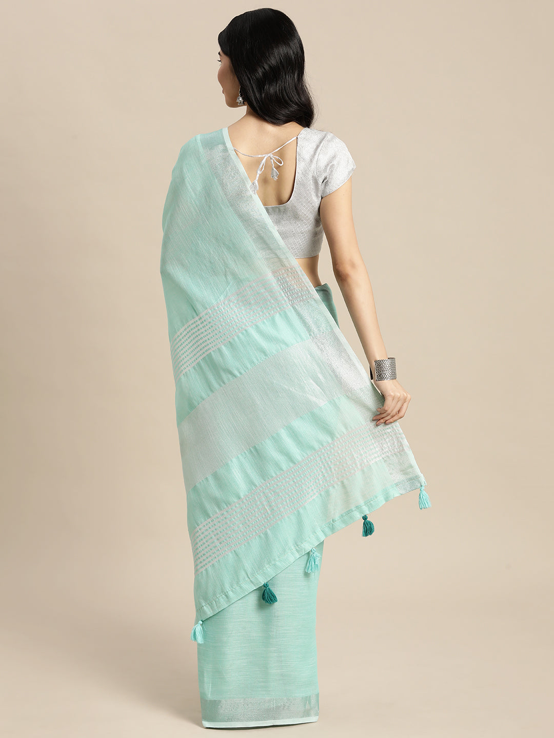 Women Turquoise Linen Woven Work Traditional Tassle Saree