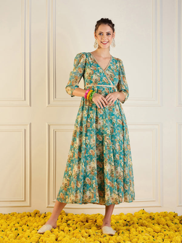 Women Turquoise Blue Floral Anarkali Maxi Dress | WOMENSFASHIONFUN